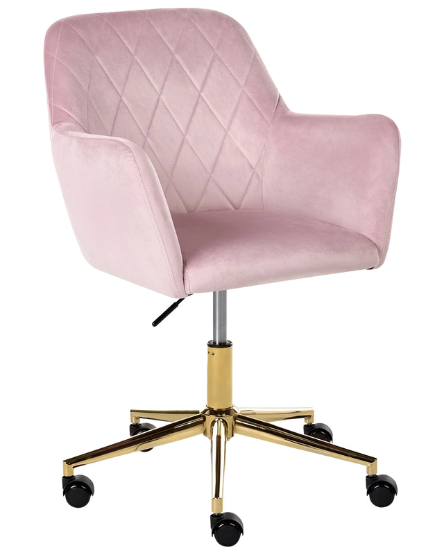 Office Chair Pastel Pink Velvet Height Adjustable Seat Tufted Backrest Full Swivel Modern Style Home Office Beliani