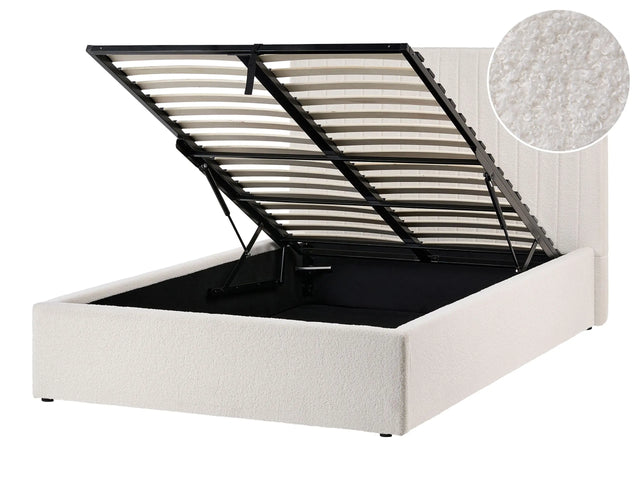 Ottoman Bed Off-White Boucle Upholstery EU Small Double Size Tufted Headboard Storage Function Beliani