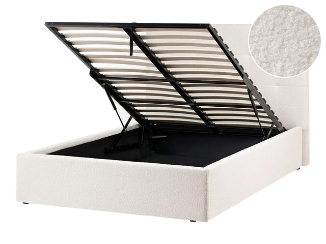 Ottoman Bed Off White Boucle Upholstery EU Small Double Size Headboard Storage Function Modern Design Beliani