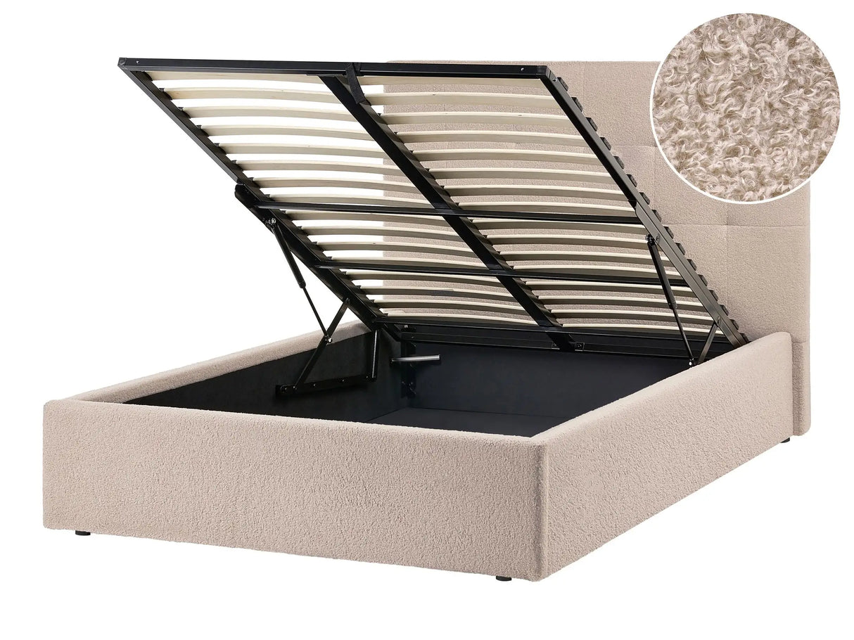 Ottoman Bed Beige Boucle Upholstery EU Small Double Size Headboard Storage Function Modern Design Beliani
