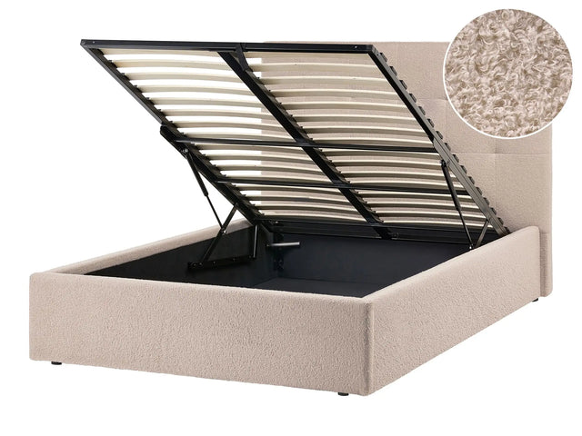 Ottoman Bed Beige Boucle Upholstery EU Small Double Size Headboard Storage Function Modern Design Beliani