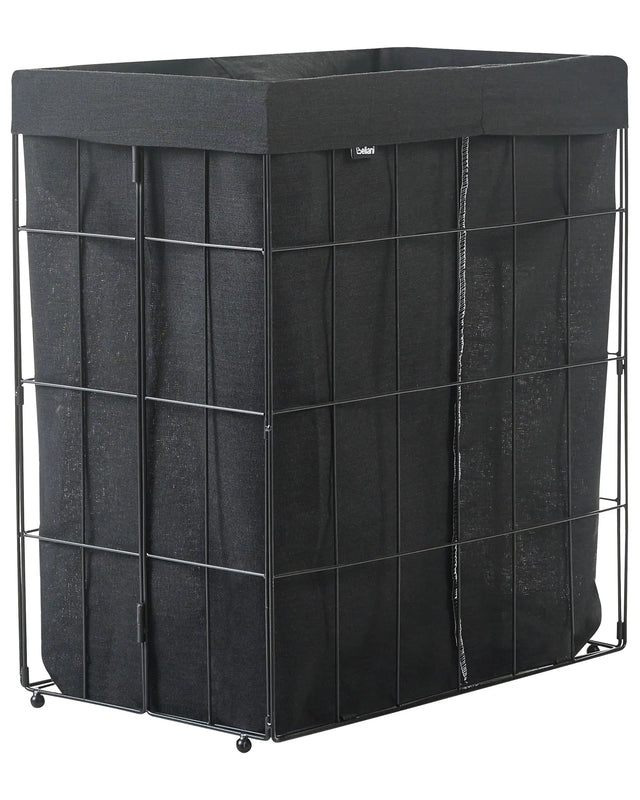 Laundry Basket Black Metal Frame Fabric Liner Foldable Handmade Bathroom 100l Beliani