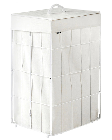 Laundry Basket White Bamboo Lid Metal Frame Fabric Liner Foldable Bathroom 72 l Beliani