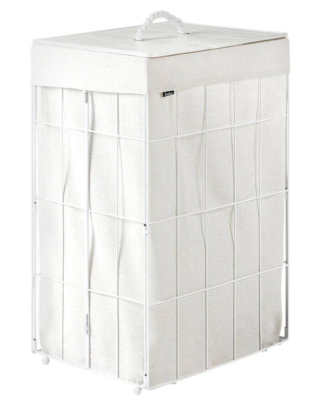 Laundry Basket White Bamboo Lid Metal Frame Fabric Liner Foldable Bathroom 72 l Beliani