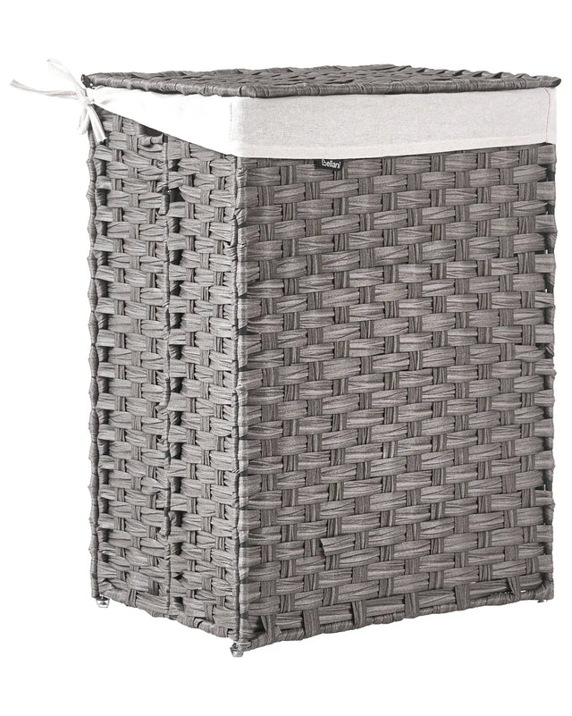 Laundry Basket Grey Fabric with Lid and Removable Liner Foldable Bathroom Handmade 83l Braided Beliani
