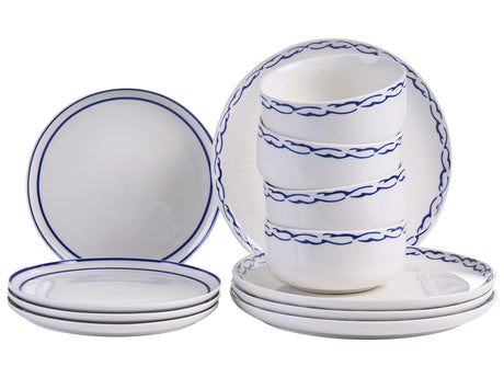 Dinnerware Set White and Blue Porcelain 12 Elements Glazed Finish Decorative Rim For 4 People Handmade Dining Room Kitchen Beliani