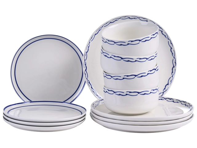 Dinnerware Set White and Blue Porcelain 12 Elements Glazed Finish Decorative Rim For 4 People Handmade Dining Room Kitchen Beliani