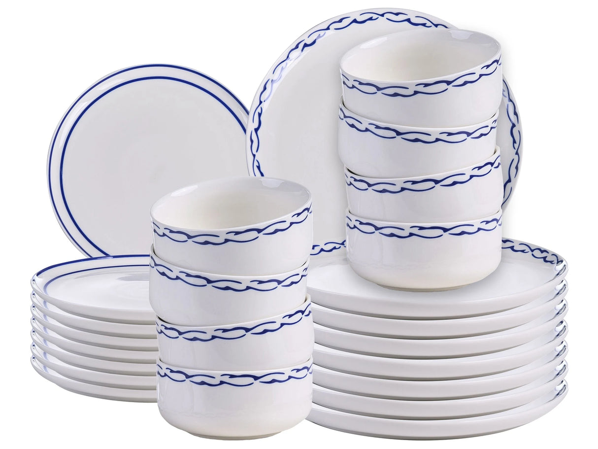 Dinnerware Set White and Blue Porcelain 24 Elements Glazed Finish Decorative Rim For 8 People Handmade Dining Room Kitchen Beliani