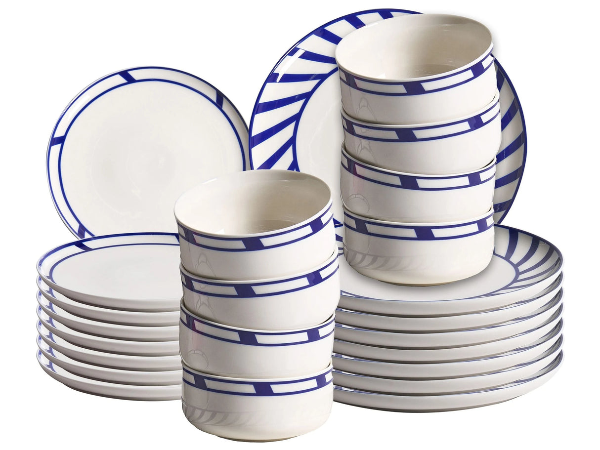 Dinnerware Set White and Blue Porcelain 24 Elements Glazed Finish Decorative Edge For 8 People Handmade Dining Room Kitchen Beliani