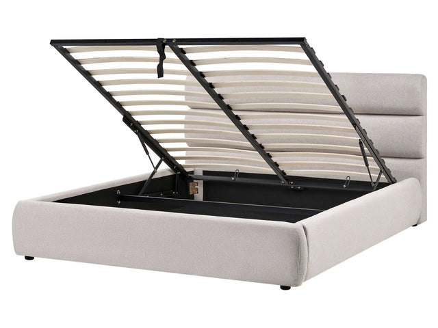 Slatted Bed Frame Grey Linen Fabric Upholstered Plastic Legs Ottoman Storage 5ft3 EU King Size Modern Design Beliani