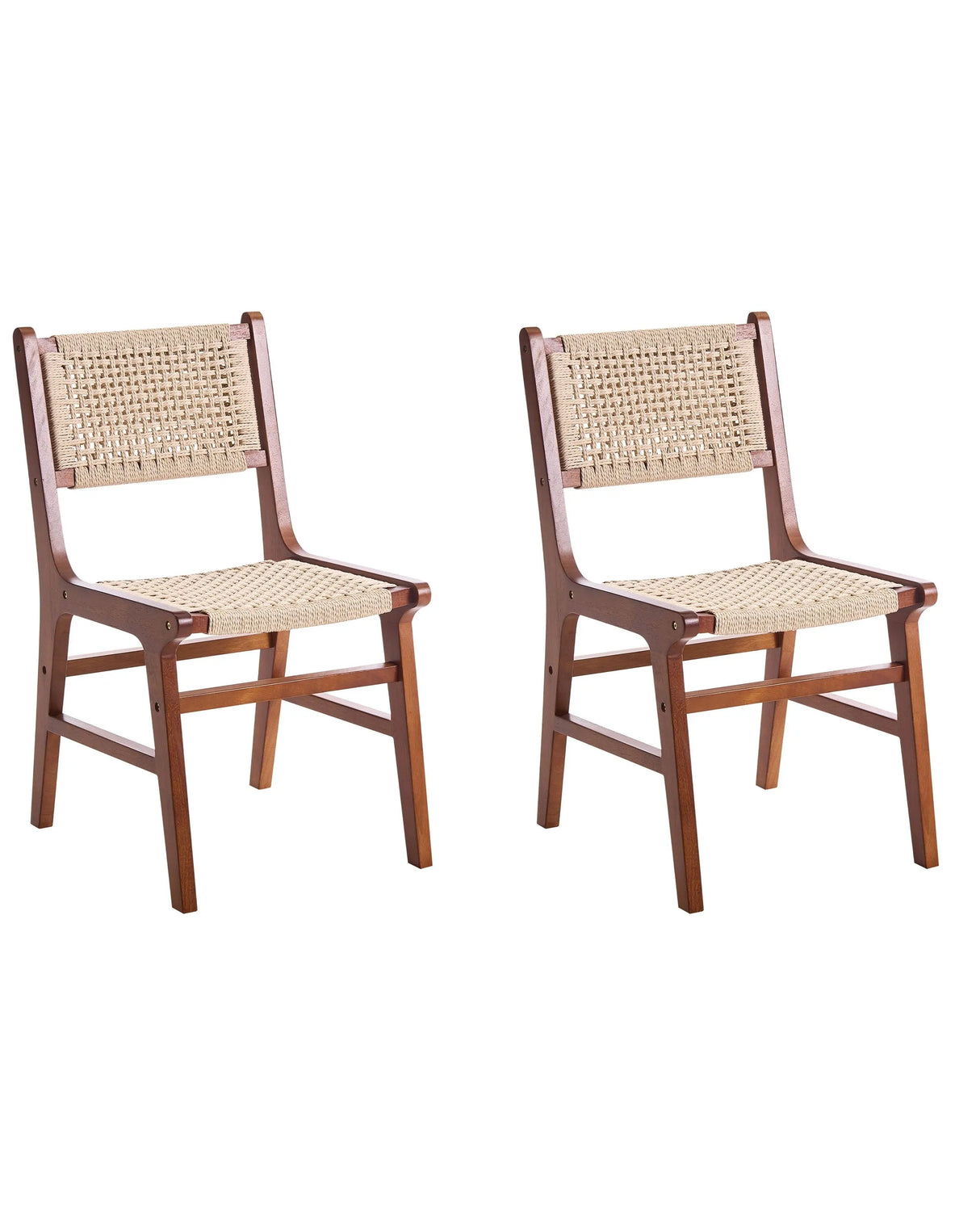 Set of 2 Dining Chairs Brown and Beige Beige Rubber Wood Frame Paper Cord Seat and Backrest Dining Room Boho Beliani