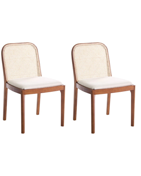 Set of 2 Dining Chairs Brown Polyester Seat Rattan Backrest Rubber Wood Frame Viennese Braid Armless Beliani