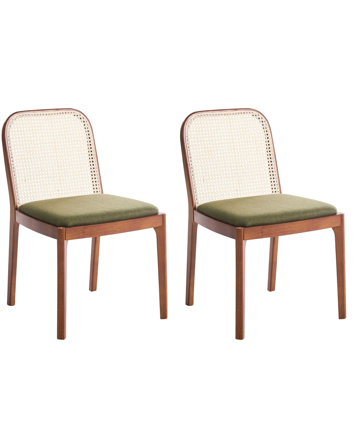Set of 2 Dining Chairs Brown and Green Polyester Seat Rattan Backrest Rubber Wood Frame Viennese Braid Armless Beliani