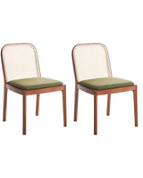 Set of 2 Dining Chairs Brown and Green Polyester Seat Rattan Backrest Rubber Wood Frame Viennese Braid Armless Beliani