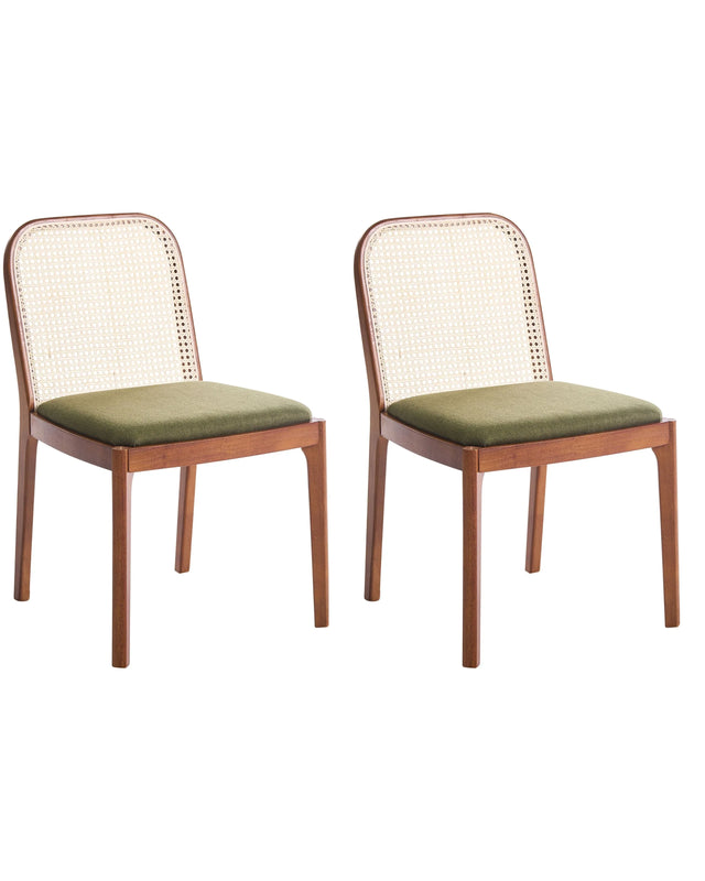 Set of 2 Dining Chairs Brown and Green Polyester Seat Rattan Backrest Rubber Wood Frame Viennese Braid Armless Beliani