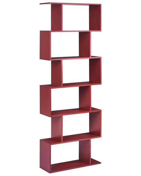 6 Tier Bookcase Burgundy Shelves Chipboard Frame Open Back Irregular Design Storage Minimalist Style Beliani