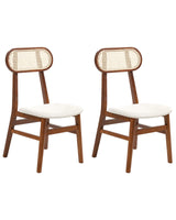 Set of 2 Dining Chairs Brown and Light Beige Polyester Upholstered Seats Rattan Backrest Rubber Wood Frame Viennese Braid Armless Retro Style Beliani