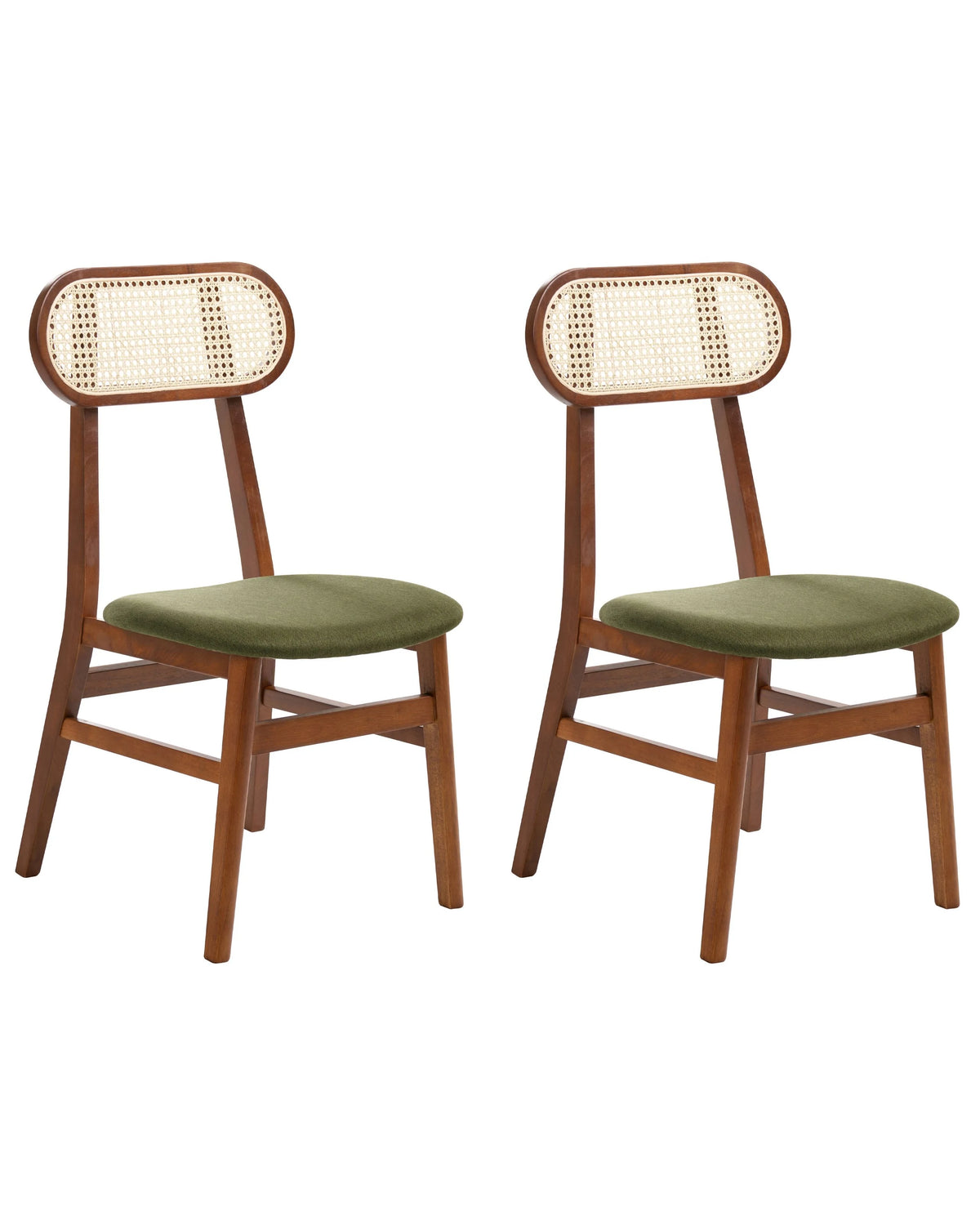 Set of 2 Dining Chairs Brown and Green Polyester Upholstered Seats Rattan Backrest Rubber Wood Frame Viennese Braid Armless Retro Style Beliani