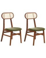 Set of 2 Dining Chairs Brown and Green Polyester Upholstered Seats Rattan Backrest Rubber Wood Frame Viennese Braid Armless Retro Style Beliani