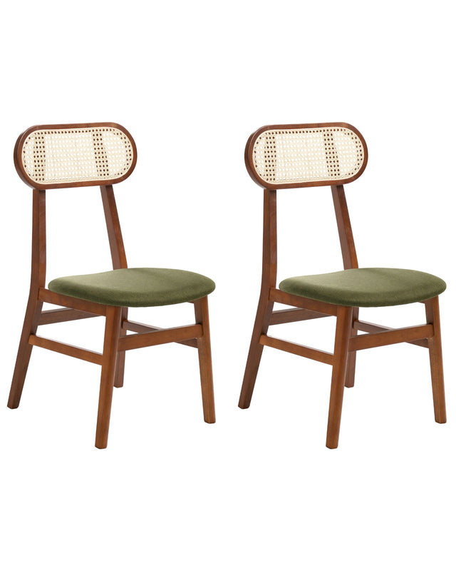 Set of 2 Dining Chairs Brown and Green Polyester Upholstered Seats Rattan Backrest Rubber Wood Frame Viennese Braid Armless Retro Style Beliani