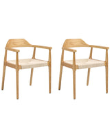 Set of 2 Dining Chairs Light Brown and Beige Rubber Wood Frames Paper Cord Seats Retro Style Dining Room Beliani