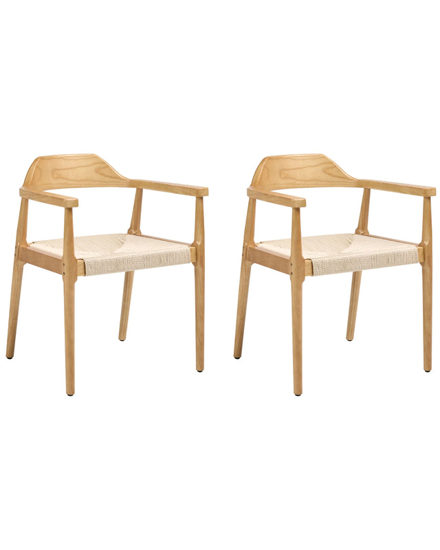 Set of 2 Dining Chairs Light Brown and Beige Rubber Wood Frames Paper Cord Seats Retro Style Dining Room Beliani
