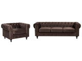 Chesterfield Living Room Set Dark Brown Velvet Upholstery Black Legs 3 Seater Sofa + Armchair Beliani