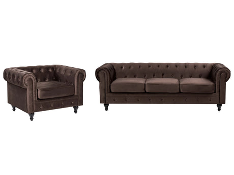 Chesterfield Living Room Set Dark Brown Velvet Upholstery Black Legs 3 Seater Sofa + Armchair Beliani