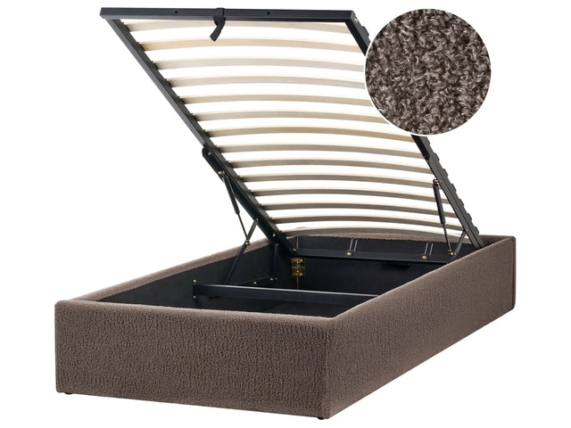 Slatted Bed Frame Taupe Boucle Fabric Upholstered Ottoman Storage 3ft EU Single Size Modern Design Bedroom Beliani