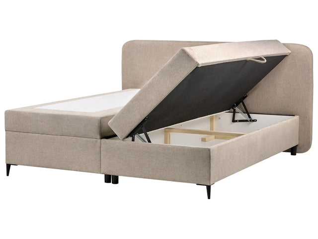 Box Spring Bed with Storage Taupe Fabric Upholstery EU Super King Size 6ft Lift Up Ottoman Headboard Water-Repellent Beliani