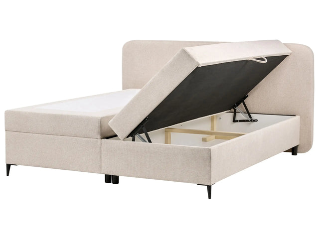 Box Spring Bed with Storage Light Beige Fabric Upholstery EU Super King Size 6ft Lift Up Ottoman Headboard Water-Repellent Beliani
