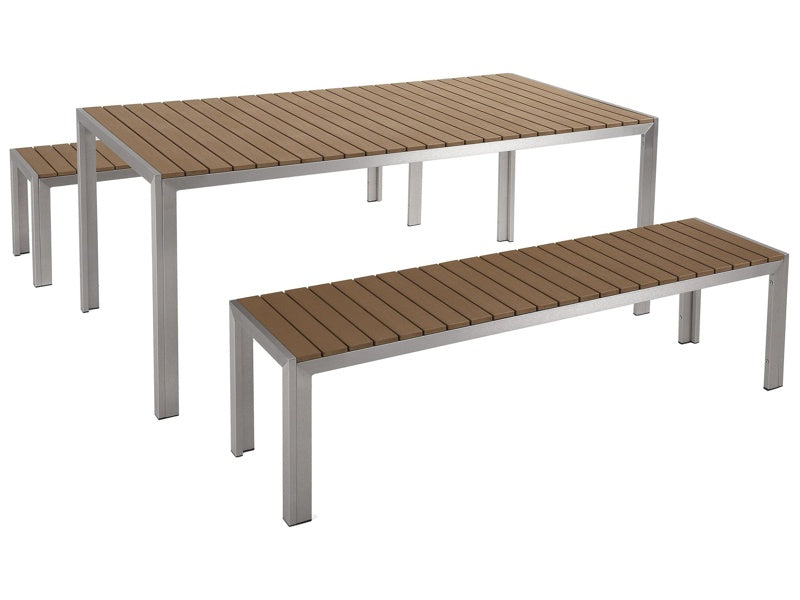 Garden Dining Set Light Wood and Silver Outdoor 3 Piece Rectangular Table 2 Benches Brushed Aluminium Frame Beliani