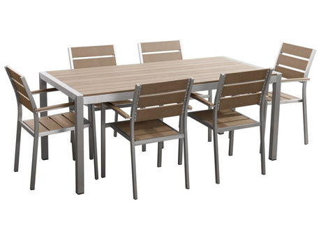 Garden Dining Set Light Wood and Silver Rectangular Table Chairs Outdoor 6 Seater Plastic Wood Top Aluminium Frame Beliani