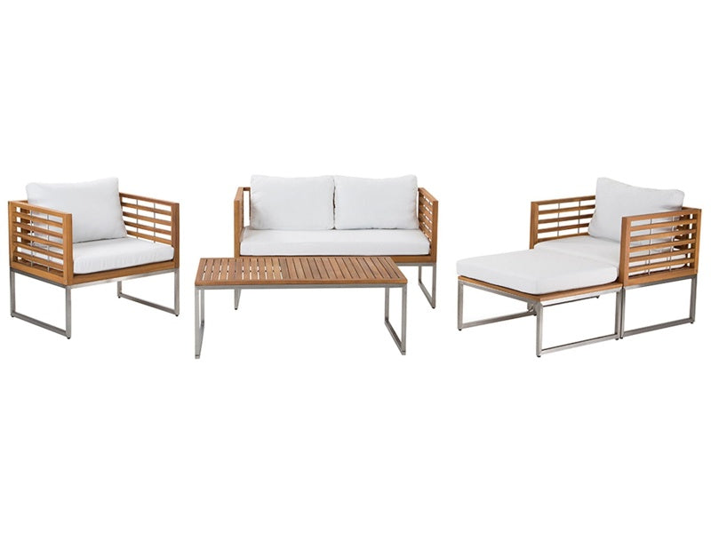 Garden Sofa Set Acacia Wood White Cushions 4 Seater Slatted Design Outdoor Conversation Set Beliani