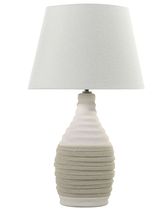 Table Lamp White Ceramic Base Linen Cone Shade Bedside Table Lamp Beliani