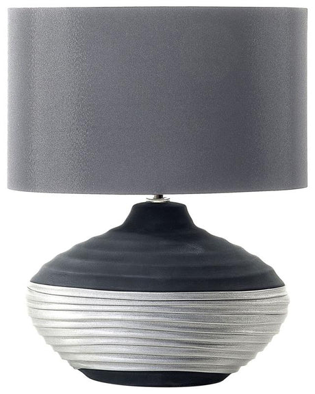 Table Lamp Grey Ceramic Base Faux Silk Drum Shade Bedside Table Lamp Beliani