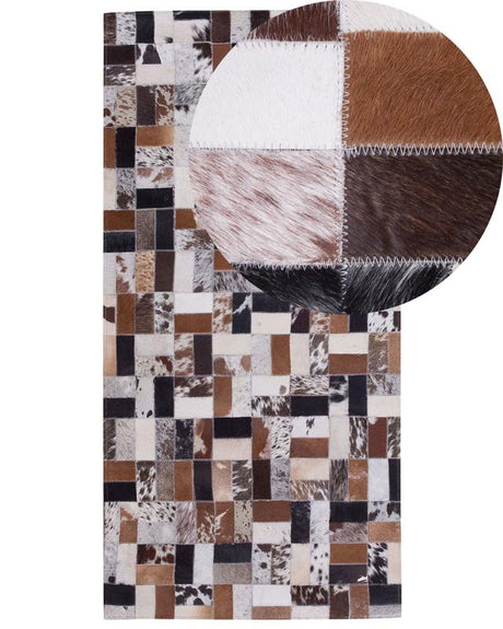 Area Rug Brown and Beige Cowhide Leather 80 x 150 cm Rectangular Patchwork Handcrafted Beliani