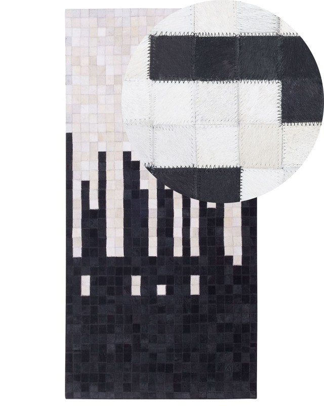 Area Rug Black and White Cowhide Leather 80 x 150 cm Rectangular Geometric Abstract Pattern Handcrafted Beliani