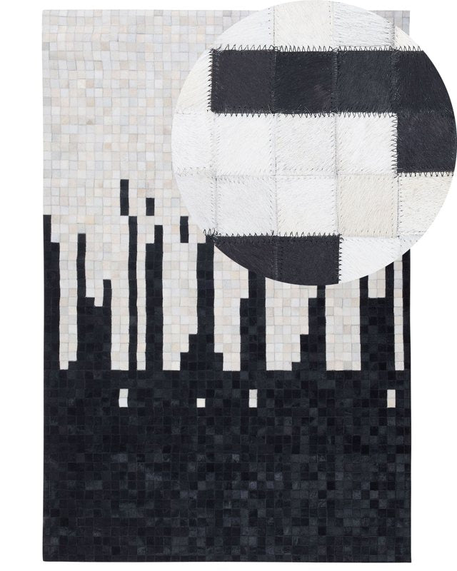 Area Rug Black and White Cowhide Leather 160 x 230 cm Rectangular Geometric Abstract Pattern Handcrafted Beliani