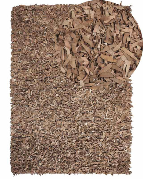 Area Rug Shaggy Beige Leather 140 x 200 cm Shag Pile Rectangular Handcrafted Beliani