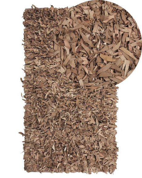 Area Rug Shaggy Beige Leather 80 x 150 cm Shag Pile Rectangular Handcrafted Beliani