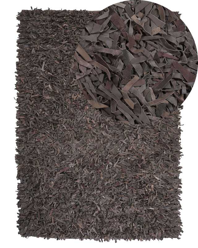 Area Rug Shaggy Brown Leather 140 x 200 cm Shag Pile Rectangular Handcrafted Beliani