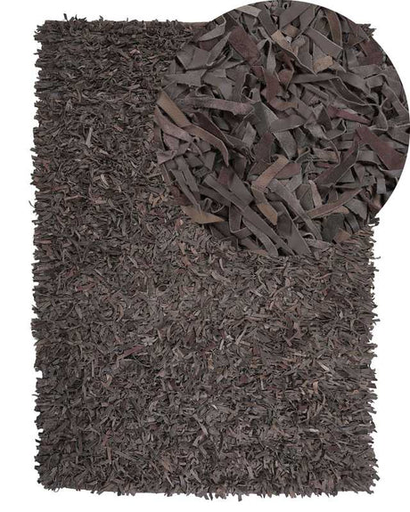 Area Rug Shaggy Brown Leather 160 x 230 cm Shag Pile Rectangular Handcrafted Beliani