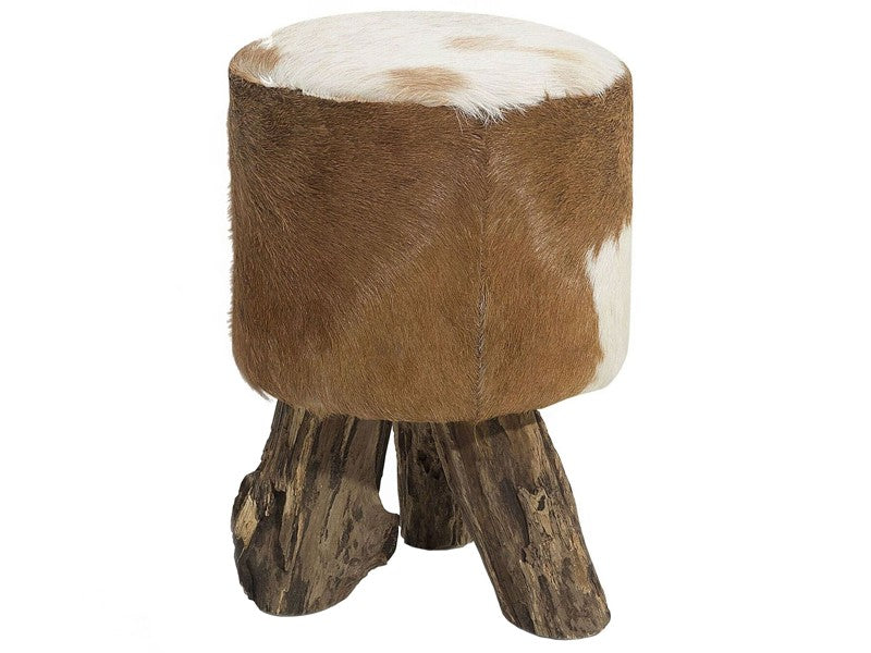 Footstool Goat Leather Teak Wood Tripod Legs Cow Pattern Rustic Style Beliani