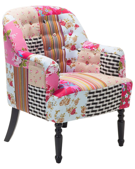 Armchair Multicolour Pink Fabric Patchwork Club Chair Button Tufted Wooden Legs Beliani