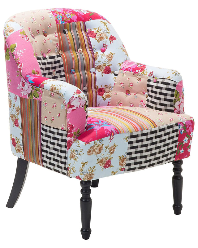 Armchair Multicolour Pink Fabric Patchwork Club Chair Button Tufted Wooden Legs Beliani