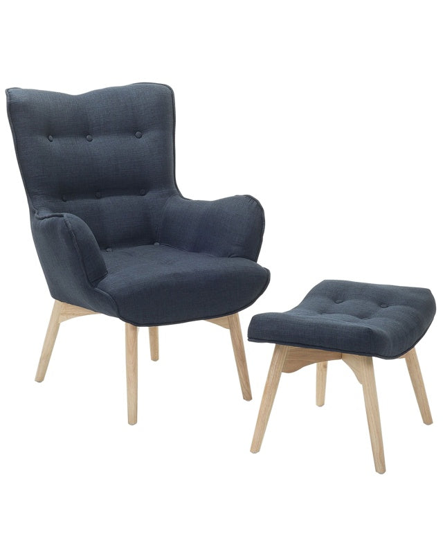 Wingback Chair with Ottoman Dark Blue Fabric Buttoned Retro Style Beliani