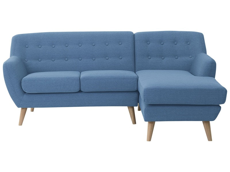 Corner Sofa Blue Upholstered Tufted Back Thickly Padded Chaise Longue Light Wood Legs Scandinavian Minimalistic Living Room Beliani