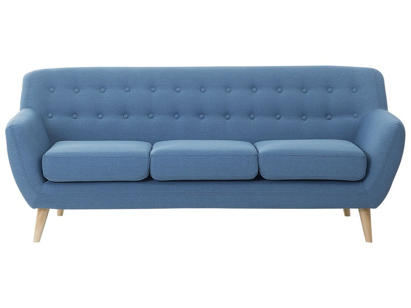 3 Seater Sofa Blue Upholstered Tufted Back Thickly Padded Light Wood Legs Scandinavian Minimalistic Living Room Beliani