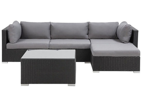 2 Piece Garden Sofa Set Black w/ Grey Cushions 5 Seater Corner Coffee Table Beliani